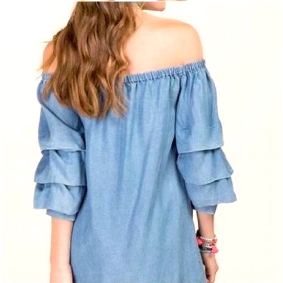 Zara Dresses & Skirts - Zara off shoulder chambray denim tiered ruffle sleeve mini dress
